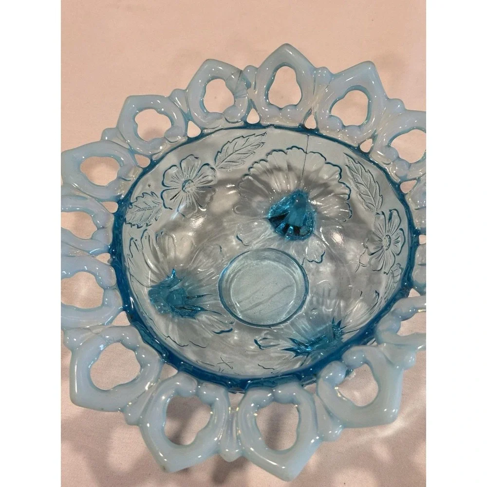 Northwood Blue Opalescent Bowl Dish Shell & Flower  *3 Sides Up* 1900's